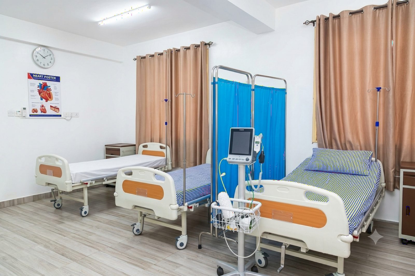 A ward, with patient monitoring at the bedside