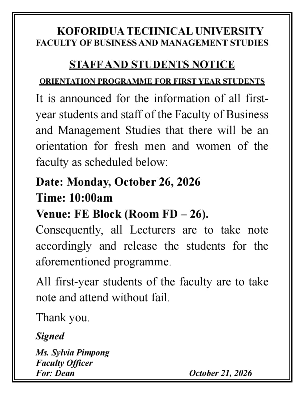 Faculty of Business and Management Studies: Staff and Students Notice