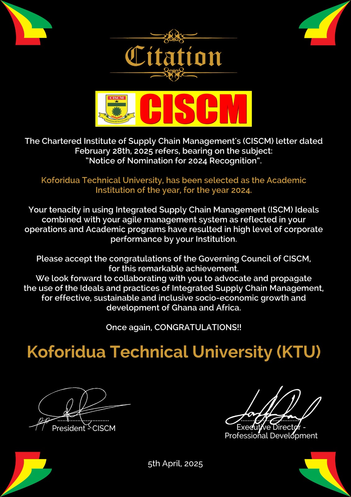Koforidua Technical University Honored as Academic Institution of the Year by CISCM